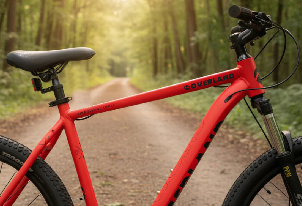 Rower górski MTB TATRA Overland U21 29 cali Czerwony las droga leśna zbliżenie na ramę widok z boku 21-calowa aluminiowa rama rower jest bardzo zwinny lekki (17,5 kg) łatwo podnieść go by odporność na korozję wybór rozmiaru ramy Twój wzrost mierzony w zrelaksowanej pozycji typ roweru dla dzieci o wzroście od 180 do 190 cm