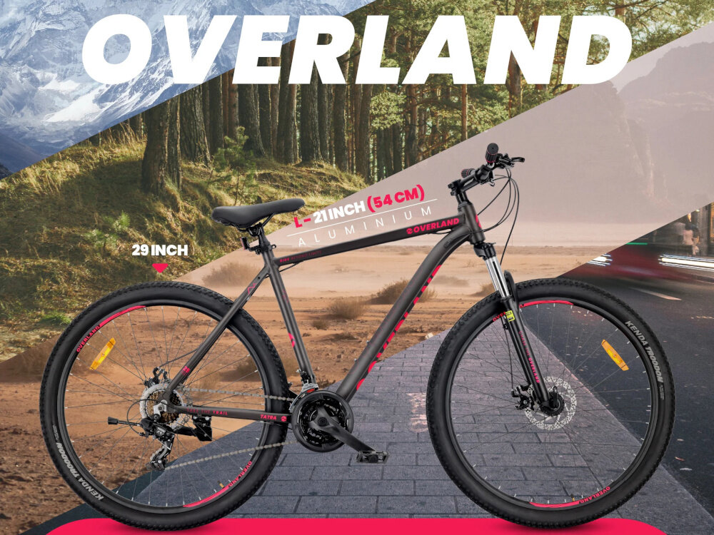 Rower górski MTB TATRA Overland U21 29 cali Czarno-fuksjowy kolorowe tło kolaż zdjęć widok na góry las drogę z piasku ulicę i chodnik rower widoczny z boku biały napis Overland relaks pasja hobby jazda na rowerze