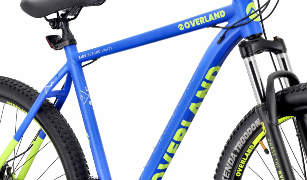 Rower górski MTB TATRA Overland U21 29 cali Niebiesko-limonkowy zbliżenie na ramę białe tło 21-calowa aluminiowa rama rower jest bardzo zwinny lekki (17,5 kg) łatwo podnieść go by odporność na korozję wybór rozmiaru ramy Twój wzrost mierzony w zrelaksowanej pozycji typ roweru dla dzieci o wzroście od 180 do 190 cm