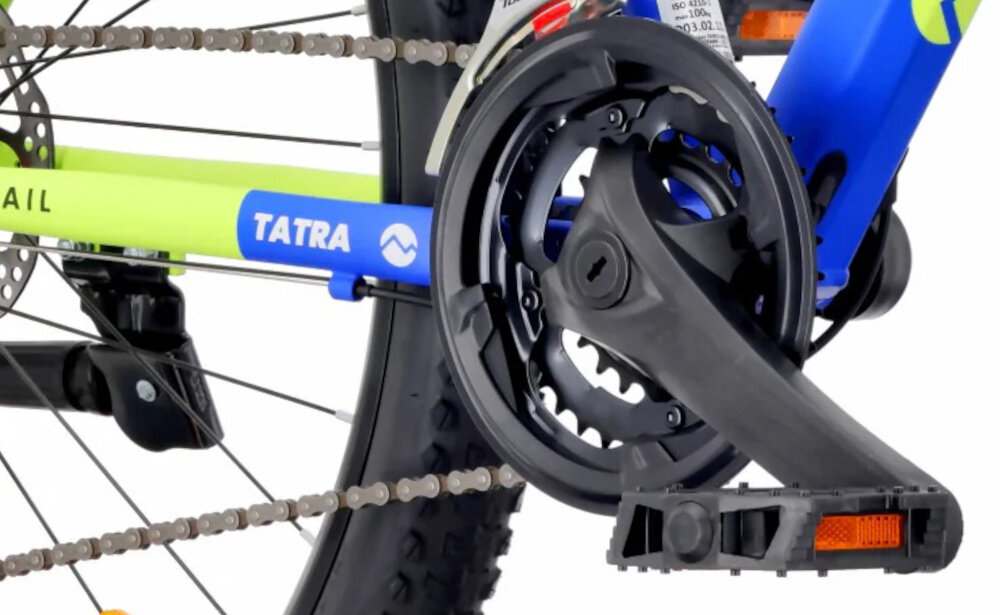 Rower górski MTB TATRA Overland U21 29 cali Niebiesko-limonkowy na korbę białe tło potrójna korba Ciclo Sport 24/34/42T o długości ramion 170 mm 7-rzędowy wolnobieg Ciclo Sport szeroki zakres przełożeń sprawne dostosowanie przełożenia do zmieniających się warunków jazdy