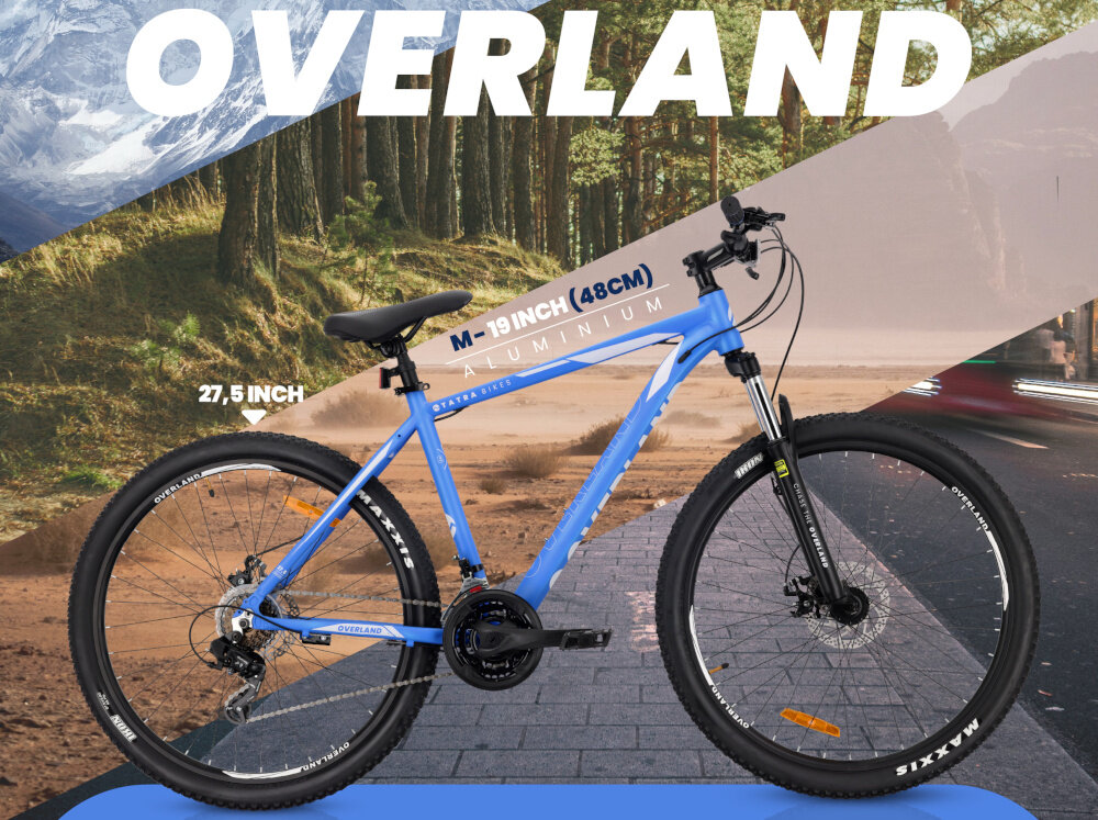 Rower górski MTB TATRA Overland U19 27.5 cala Niebieski kolorowe tło kolaż zdjęć widok na góry las drogę z piasku ulicę i chodnik rower widoczny z boku biały napis Overland relaks pasja hobby jazda na rowerze