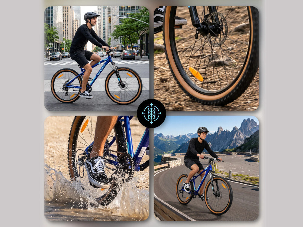 Rower górski MTB SUN BABY Verdant Shred D03.03.11.5.1.2 U19 29 cali Niebieski kolaż zdjęć cztery ujęcia osoba jedzie na rowerze po ulicy w mieście poza miastem zbliżenie na przednie koło zbliżenie na tylne koło jazda po kałuży uniwersalna propozycja sportowa konstrukcja do rekreacyjnych przejażdżek, jazdy po leśnych drogach i pokonywania zróżnicowanego terenu unisex zwrotny łatwo wchodzący w zakręty 