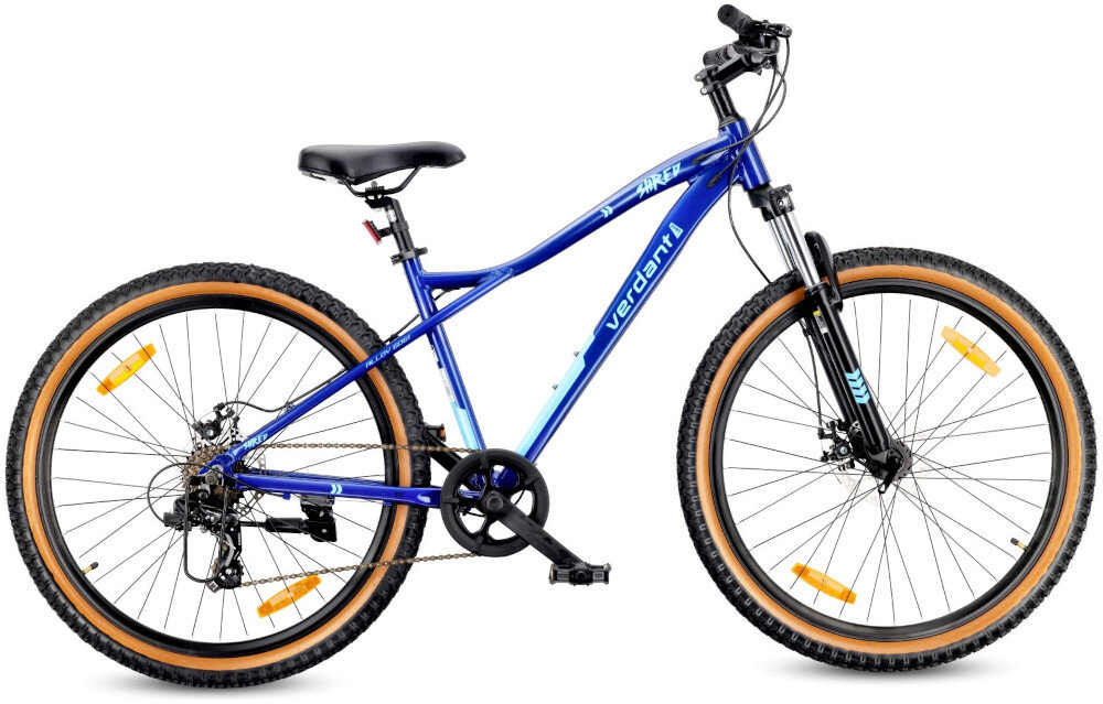 Rower górski MTB SUN BABY Verdant Shred D03.03.11.5.1.2 U19 29 cali Niebieski rower na białym tle widoczny z boku odblaski zwiększają widoczność szybciej zauważyć rowerzystę bezpieczniejsze poruszanie się