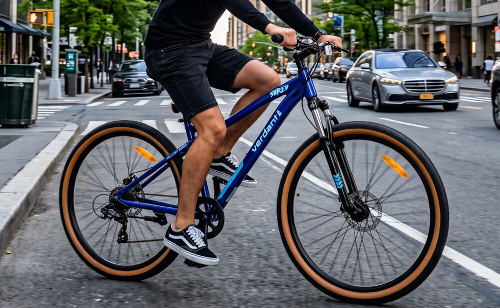 Rower górski MTB SUN BABY Verdant Shred D03.03.11.5.1.2 U19 29 cali Niebieski ulica osoba jedzie na rowerze po ulicy widok z boku 19-calowa, aluminiowa rama  rower jest bardzo zwinny lekki waga 15,2 kg łatwo podnieść go odporność na korozję wybór rozmiaru ramy Twój wzrost mierzony w zrelaksowanej pozycji typ roweru dla osób o wzroście od 174 do 180 cm
