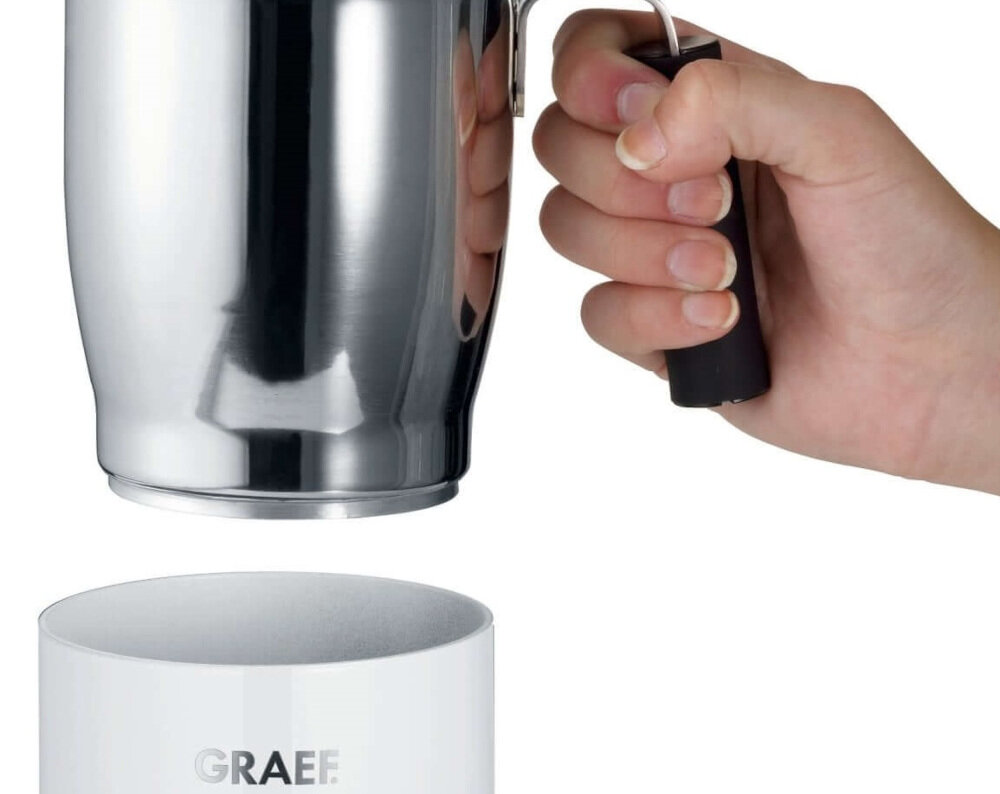 Spieniacz GRAEF MS701 Biały Wymienny dzbanek Solidny, stalowy dzbanek z praktycznym uchwytem i przezroczystą pokrywą nalewanie kontrola  Możliwość mycia w zmywarce pozwala higiena wygoda komfort Warstwowa obudowa z tworzywa spełnia europejskie normy bezpieczeństwa ochrona