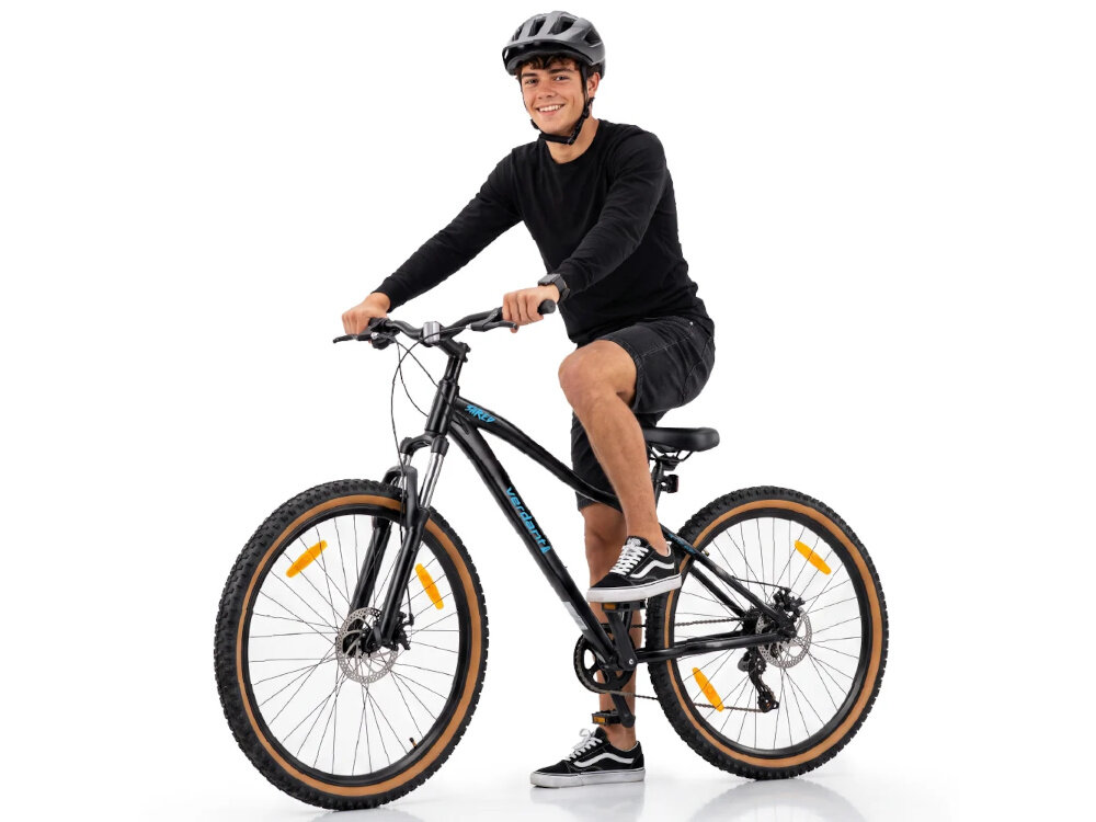Rower górski MTB SUN BABY Verdant Shred D03.03.09.4.2.2 U17 27.5 cala Czarny osoba siedzi na rowerze białe tło pasja hobby jazda na rowerze