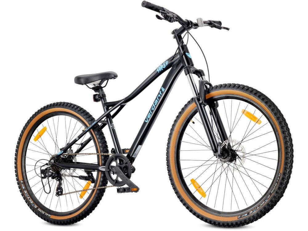 Rower górski MTB SUN BABY Verdant Shred D03.03.11.5.2 U19 29 cali Czarny rower na białym tle widoczny od przodu pod skosem uniwersalna propozycja sportowa konstrukcja do rekreacyjnych przejażdżek, jazdy po leśnych drogach i pokonywania zróżnicowanego terenu unisex zwrotny łatwo wchodzący w zakręty 