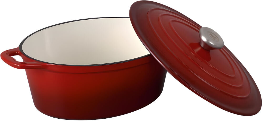 Brytfanna MG HOME Infinito 28 cm czerwona brytfanna biały środek otwarta oparta na garnku czerwona pokrywka białe tło kumuluje ciepło równomierne rozprowadzanie stabilne ogrzewanie potraw soczyste aromatyczne mięso powolne uwalnianie ciepła optymalne efekty kulinarne grube ściany solidne dno utrzymanie optymalnej temperatury do duszenia pieczenia długiego gotowania dobry smak i aromat potraw  