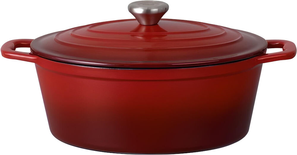 Brytfanna MG HOME Infinito 28 cm czerwona brytfanna zamknięta pokrywką białe tło uchwyty na wszystkich typach kuchenek indukcyjne gazowe elektryczne wszechstronny wybór do każdej kuchni solidna konstrukcja emalia odporna na wysokie temperatury trwałość różne warunki klasyczny design do każdej aranżacji kuchennej wygodne uchwyty łatwe przenoszenie i użytkowanie  