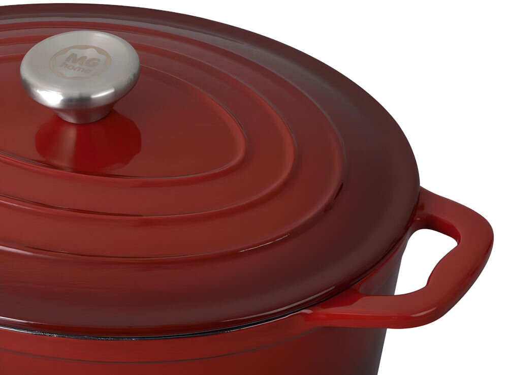 Brytfanna MG HOME Infinito 28 cm czerwona brytfanna pokrywka srebrny element czerwone uchwyty białe tło dla miłośników zdrowego gotowania nie zawiera szkodliwych substancji w pełni naturalnie przygotowywane posiłki żeliwna pokrywa z wypustkami zatrzymanie wilgoci delikatne soczyste pełne smaku potrawy  