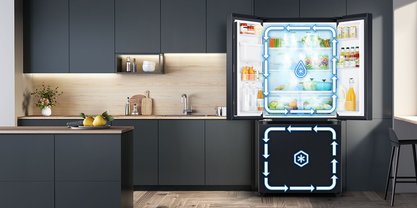 Ilustracja ukazuje zaawansowany mechanizm chłodzenia, który wykorzystuje dwa niezależne obiegi powietrza