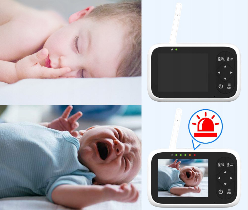 Obraz przedstawia dwa zdjęcia niemowląt, jedno śpiące, drugie płaczące, oraz dwa monitory elektronicznej niani. Na jednym z monitorów widoczny jest obraz płaczącego dziecka, a obok znajduje się ikona alarmu.
