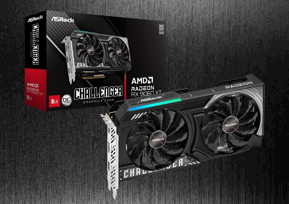 Karta graficzna ASROCK Radeon RX 9060 XT Challenger 8GB OC Pudełko z grafiką przedstawiające kartę graficzną marki ASRock z widoczną kartą z przodu. Na opakowaniu widnieje napis 'Challenger', logo AMD Radeon RX 9060 XT oraz oznaczenie 8 GB pamięci, opis