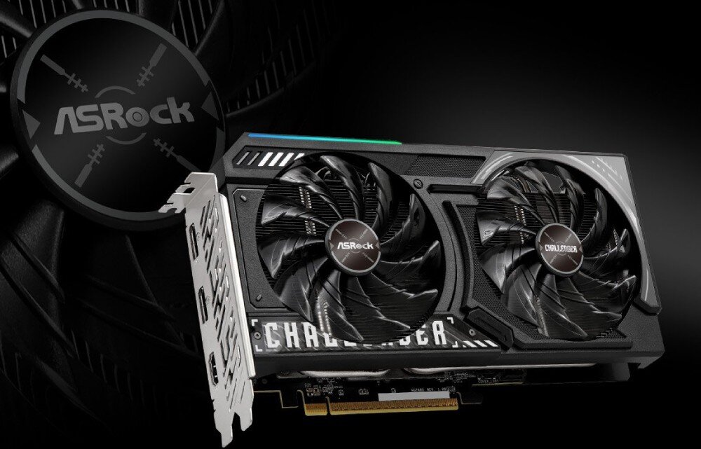 Karta graficzna ASROCK Radeon RX 9060 XT Challenger 8GB OC Widok z przodu na kartę graficzną ASRock z dwoma dużymi wentylatorami i logiem marki na środku. Tło ciemne, detale karty dobrze widoczne, wentylatory, chłodzenie, przepływ powietrza