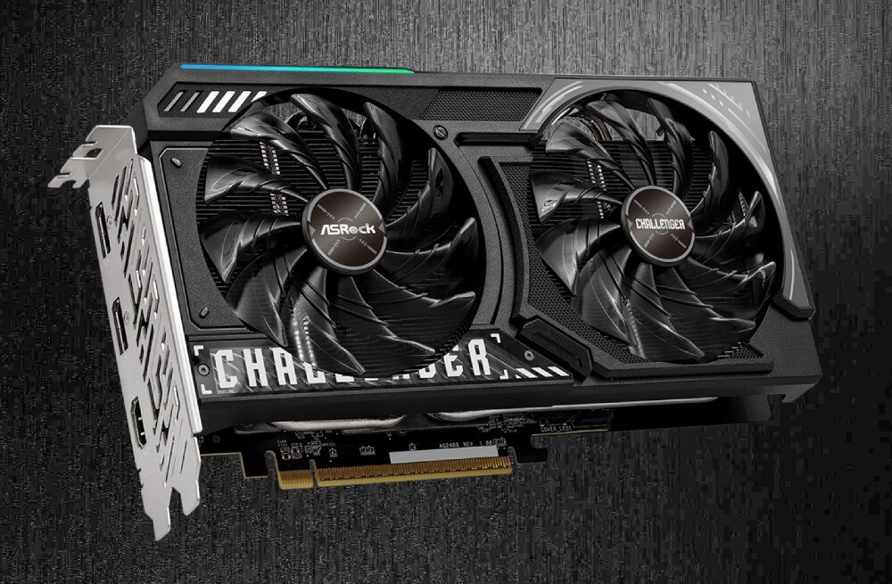 Karta graficzna ASROCK Radeon RX 9060 XT Challenger 8GB OC Karta graficzna ustawiona pod kątem, widoczne dwa wentylatory z napisami ASRock i Challenger. Tło ciemne z fakturą w stylu metalicznego włókna, interfejs, pamięć, rozdzielczość, wyjścia, porty