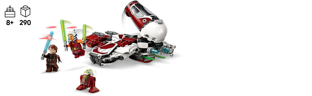 Zestaw LEGO przedstawiający statek kosmiczny z serii Star Wars oraz trzy figurki postaci. W lewym górnym rogu widoczne są ikony klocka, pudełka oraz tekst \'8+ 290\'.
