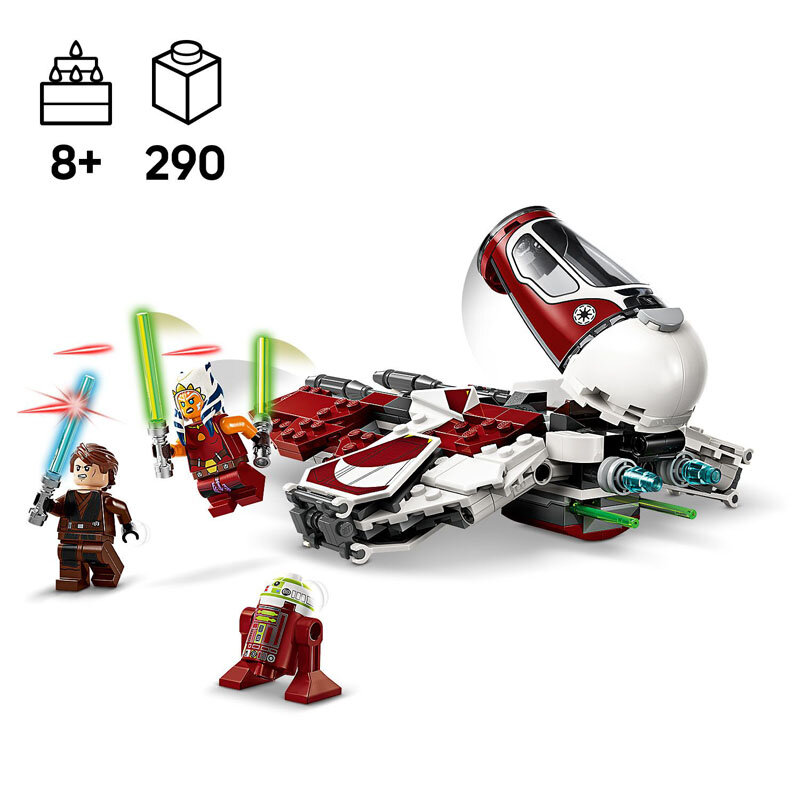 Zestaw LEGO przedstawiający statek kosmiczny z serii Star Wars oraz trzy figurki postaci z mieczami świetlnymi. W lewym górnym rogu widoczne są ikony oznaczające wiek 8+ i liczbę elementów 290.