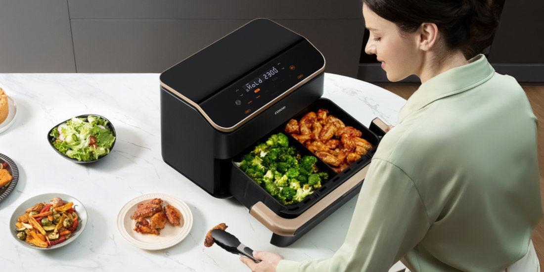 Frytkownica COSORI CAF-TF101S-AEUR Dual Blaze TwinFry Czarny 10L Wi-Fi dzielony kosz czas pracy Regulacja temperatury zakres dostosowanie proces gotowanie