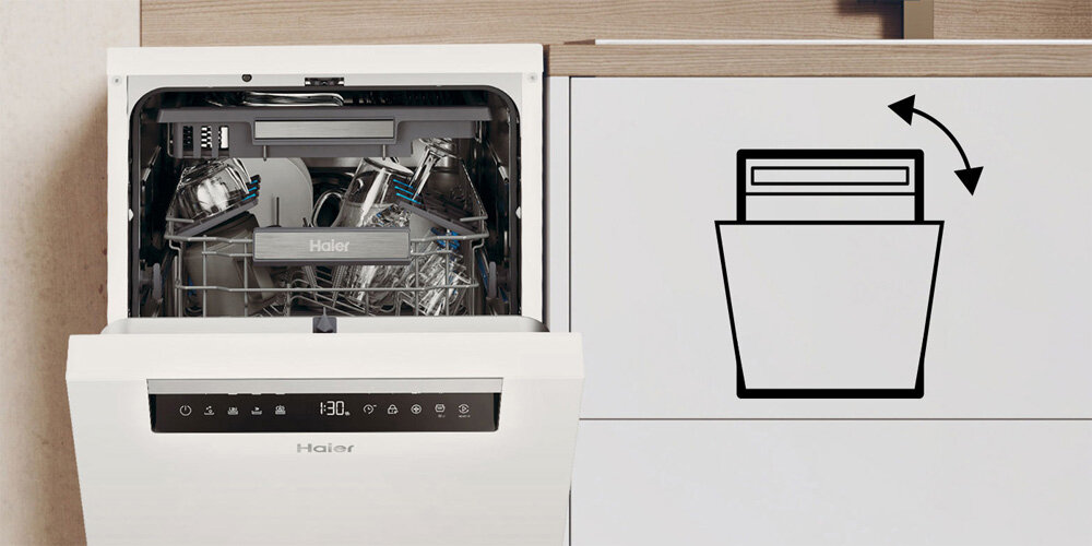 ZMYWARKA HAIER XF1C3TB1FW zdjęcie lifestyle ikona grafika uchylone drzwi Automatyczne otwieranie drzwi naturalne suszenie