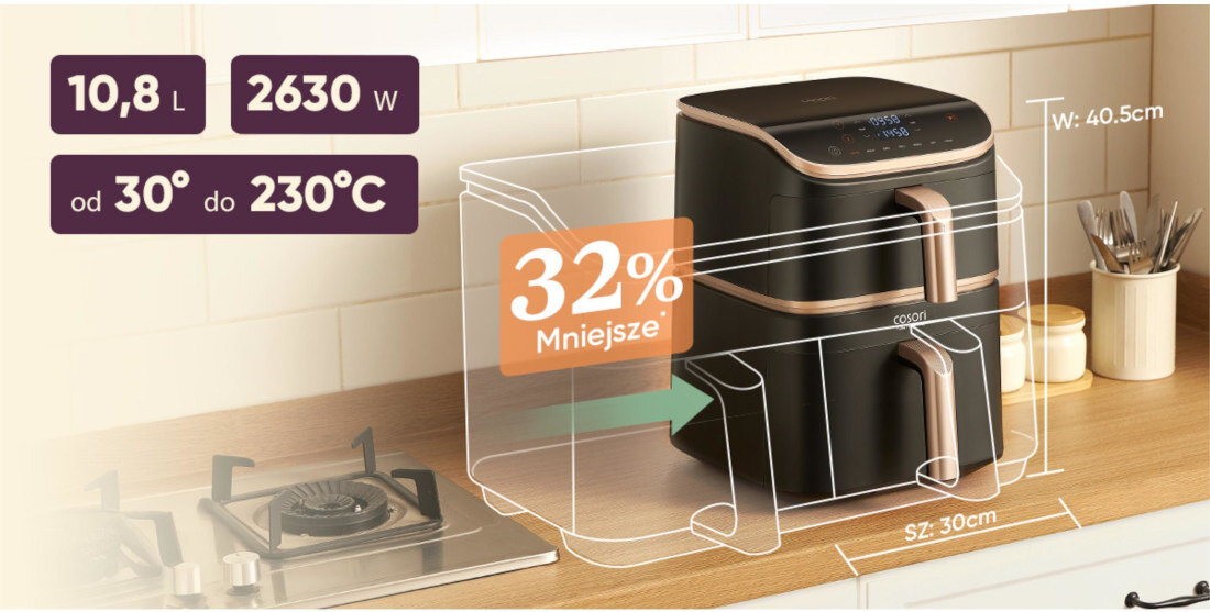 Air Fryer Frytkownica beztłuszczowa COSORI Turbo Tower Pro Smart CAF-DC123S-DEUR (WiFi) Pionowa konstrukcja powierzchnia rozmia oszczędzająca miejscer elegancki wygląd