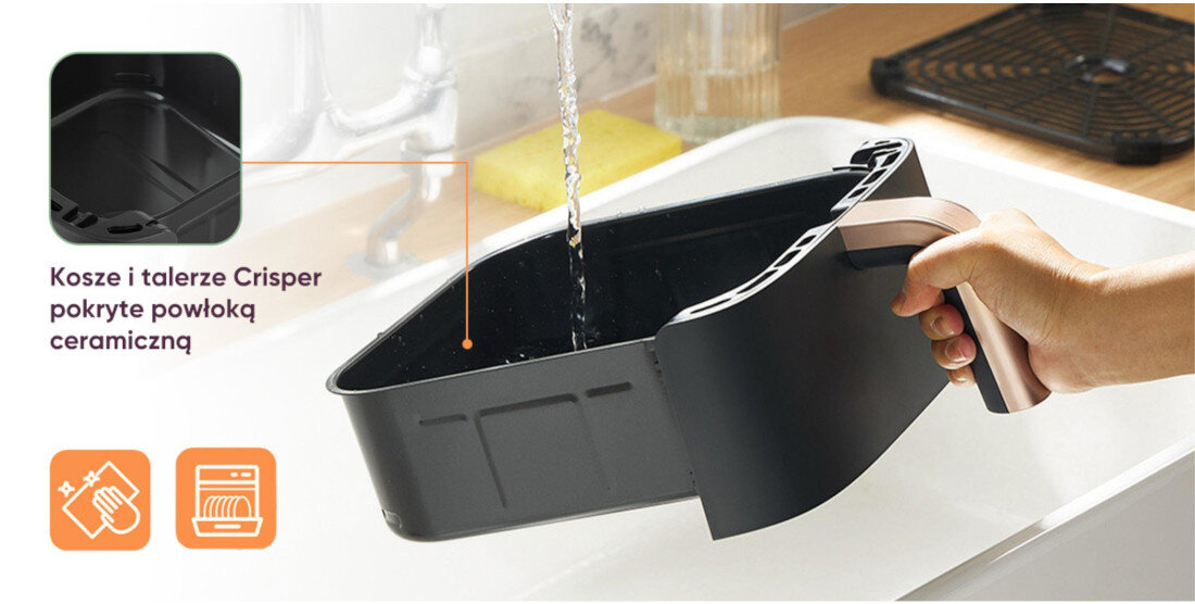 Air Fryer Frytkownica beztłuszczowa COSORI Turbo Tower Pro Smart CAF-DC123S-DEUR (WiFi) Łatwe i szybkie czyszczenie Ceramiczne powierzchnie można myć w zmywarce przetrzeć wilgotną ściereczką