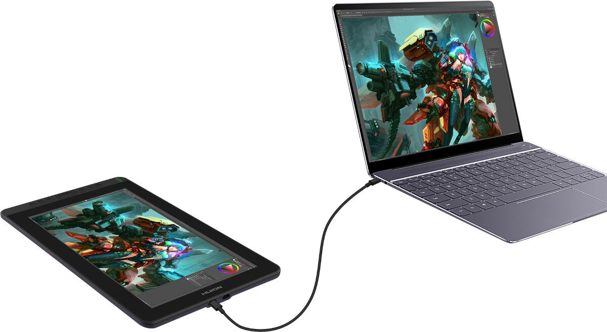 Tablet graficzny HUION Kamvas 12 Pomarańczowy kompatybilność system programy podłączenie porty złącza