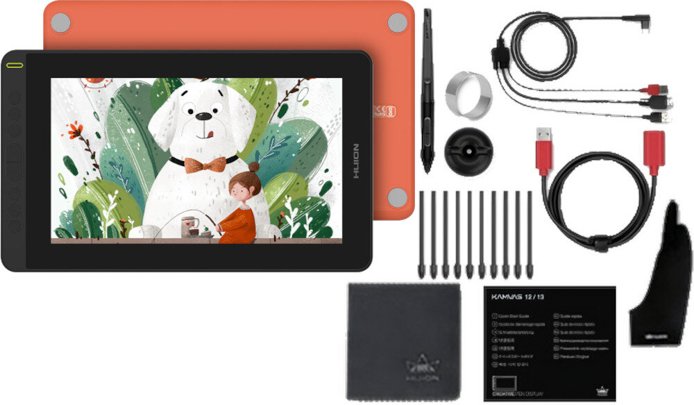 Tablet graficzny HUION Kamvas 12 Pomarańczowy opakowanie zestaw zawartość akcesoria