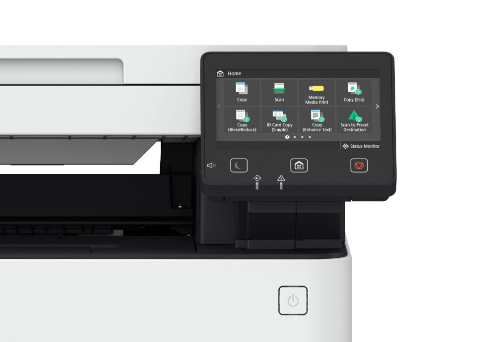 Obraz przedstawia panel sterowania urządzenia wielofunkcyjnego z wyświetlaczem dotykowym, na którym widoczne są ikony funkcji takich jak Copy, Scan, Memory Media Print. Na obudowie znajduje się przycisk zasilania.