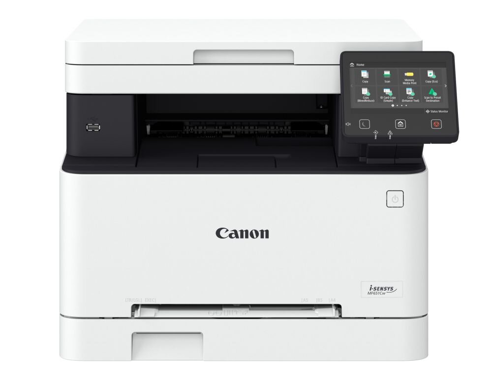 Białe urządzenie wielofunkcyjne z wyświetlaczem dotykowym po prawej stronie. Na obudowie widoczne jest logo \'Canon\' oraz napis \'i-SENSYS MF651Cw\'.