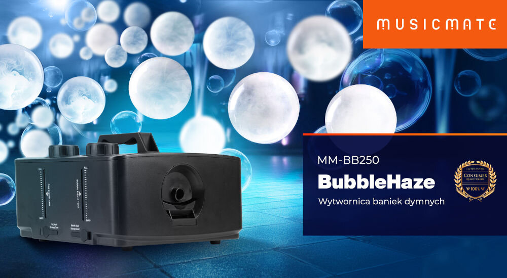 Obraz przedstawia urządzenie do wytwarzania baniek dymnych na tle unoszących się baniek. Widoczny jest tekst: \'MUSICMATE MM-BB250 BubbleHaze Wytwornica baniek dymnych\'.