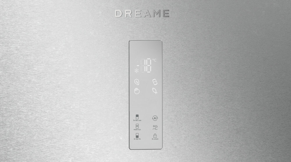 LODÓWKA DREAME COMBI MegaPro 2M-D DRB450WMBDEU NO FROST 201cm INOX Zbliżenie na front lodówki w srebrnym wykończeniu z widocznym panelem sterowania i logo „DREAME”. Minimalistyczny wyświetlacz pokazuje aktualne ustawienia temperatury i funkcji. Zdjęcie podkreśla design oraz intuicyjną obsługę urządzenia wyświetlacz sterowanie temperaturą tryb wakacyjny szybkie chłodzenie zamrażanie