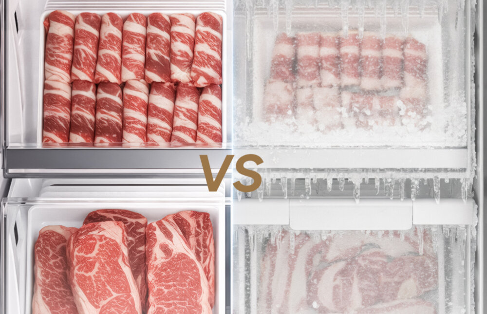 LODÓWKA DREAME COMBI MegaPro 2M-C DRB450WMBCEU NO FROST 201cm INOX Porównawcza grafika pokazująca różnice między żywnością przechowywaną w optymalnych warunkach a produktami pokrytymi szronem. Po jednej stronie widoczne są świeże kawałki mięsa, po drugiej – oblodzone produkty. Zdjęcie akcentuje skuteczność technologii ograniczającej powstawanie szronu No Frost brak szronu bez rozmrażania automatyczne odszranianie