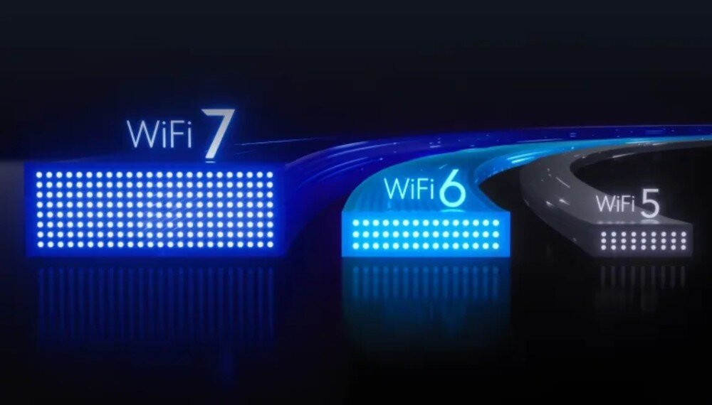 Router NETGEAR Nighthawk 5G M7 Trzy świecące, zakrzywione paski symbolizujące technologie bezprzewodowe z podpisami 'WiFi 7', 'WiFi 6' oraz 'WiFi 5' na ciemnym tle, wydajność, obsługa urządzeń, prędkość