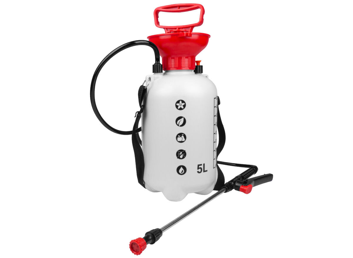 Opryskiwacz ciśnieniowy MAPOWER MPSP01 5L, kielich, płyny, oprysk, ciecz, na białym tle w pełni rozpakowany z zamontowaną lancą opryskiwacz