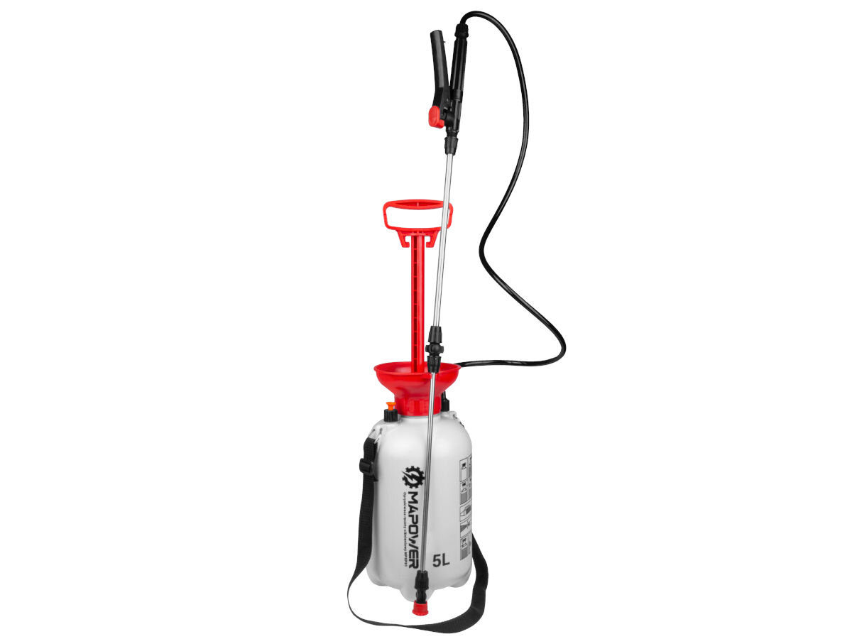 Opryskiwacz ciśnieniowy MAPOWER MPSP01 5L, lanca, regulacja, użytkowanie, konstrukcja, na białym tle opryskiwacz w pełni rozciągniętą lancą