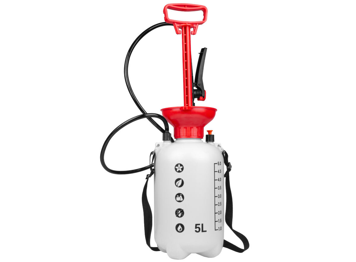 Opryskiwacz ciśnieniowy MAPOWER MPSP01 5L, uszczelki, dodatek, wymiana, eksploatacja, na białym tle opryskiwacz wraz z wyciągniętym ku górze tłokiem