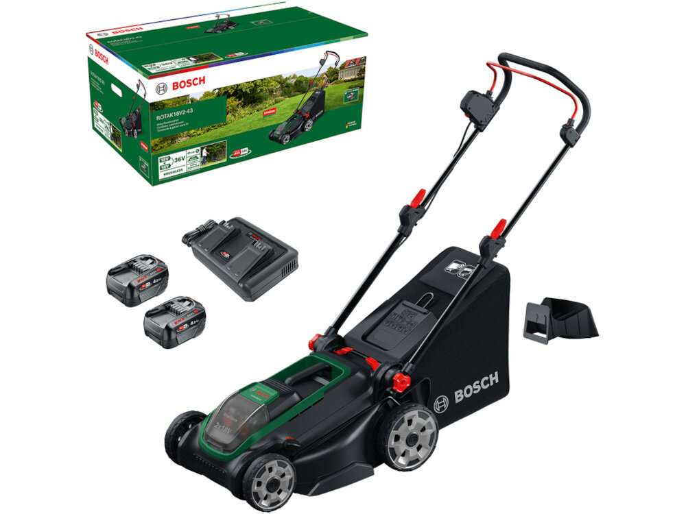Na obrazie znajduje się kosiarka akumulatorowa z logo BOSCH, dwa akumulatory, ładowarka oraz pudełko z grafiką przedstawiającą kosiarkę na trawie. Kosiarka ma czarną obudowę z zielonymi i czerwonymi elementami.