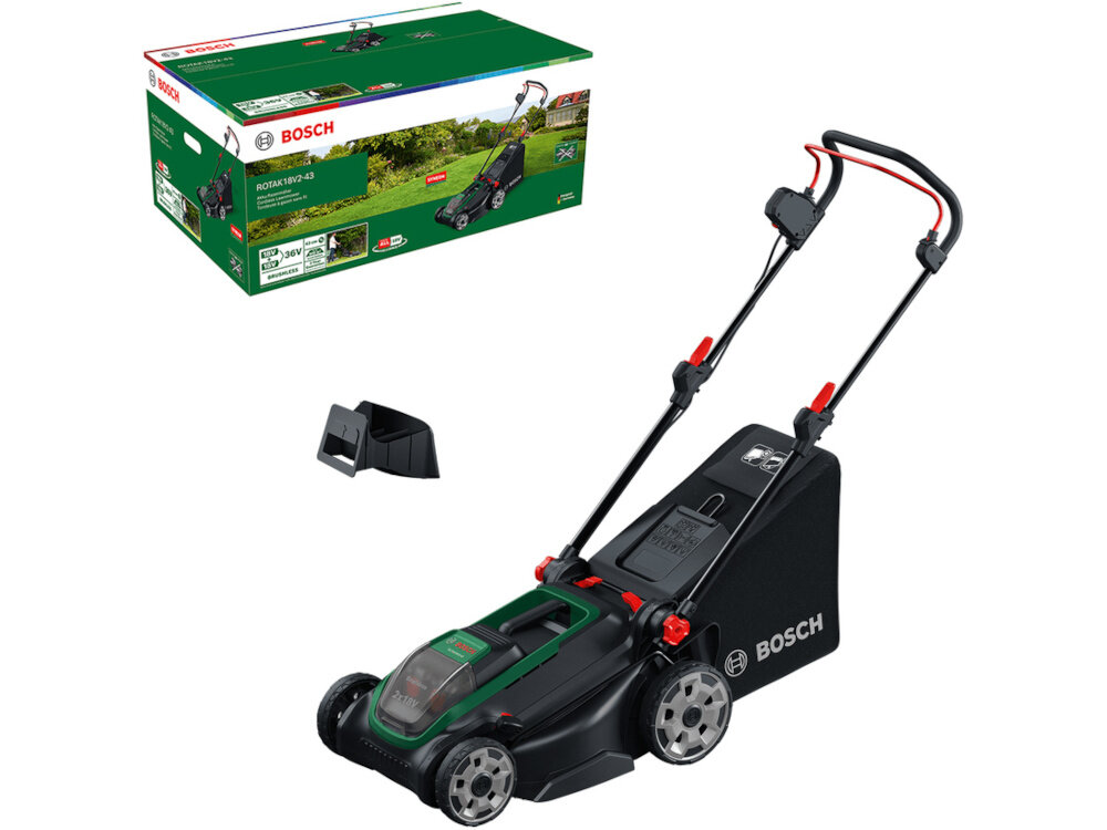 Na obrazie widoczna jest kosiarka akumulatorowa w kolorze czarnym z zielonymi i czerwonymi elementami oraz logo BOSCH. W tle znajduje się opakowanie produktu z grafiką przedstawiającą kosiarkę na trawniku.