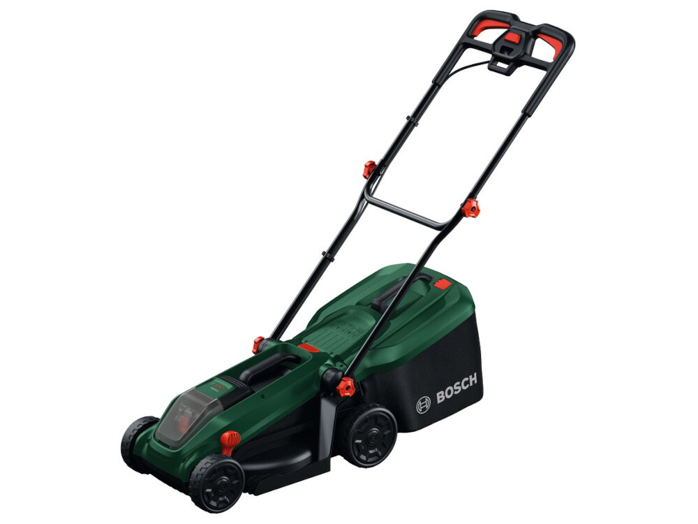 Na obrazie widoczna jest zielona kosiarka akumulatorowa z czarnymi i czerwonymi elementami. Na obudowie znajduje się logo \'BOSCH\'.