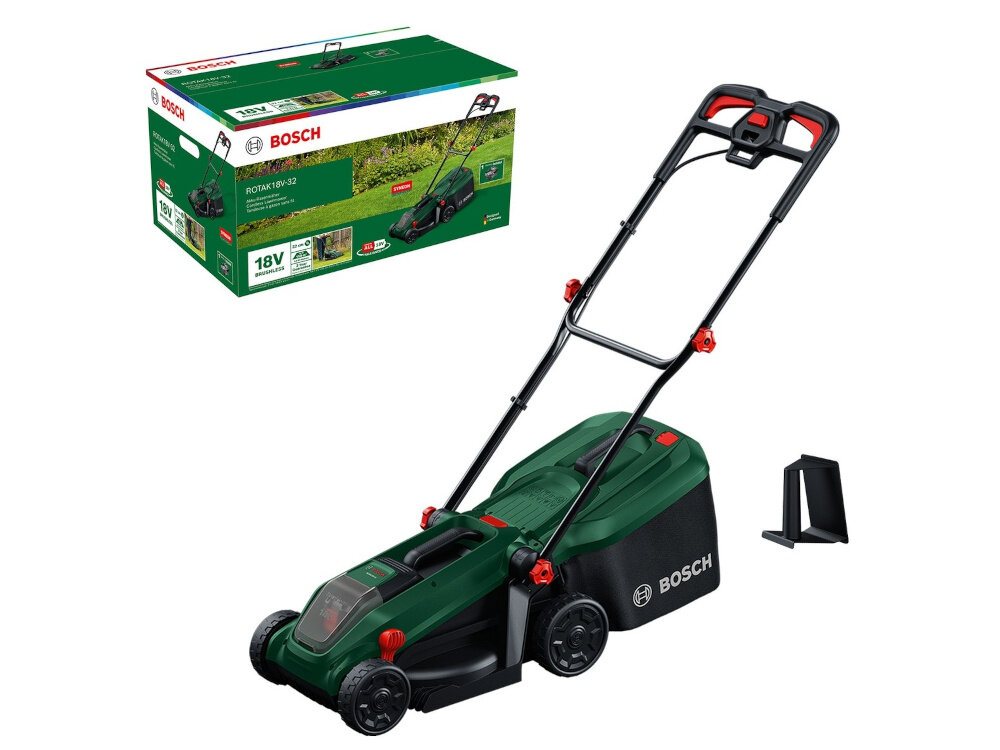 Na obrazie widoczna jest zielona kosiarka akumulatorowa z logo BOSCH oraz jej opakowanie z napisem \'ROTAK18V-32\'. Obok kosiarki znajduje się czarny element, prawdopodobnie część dodatkowa.