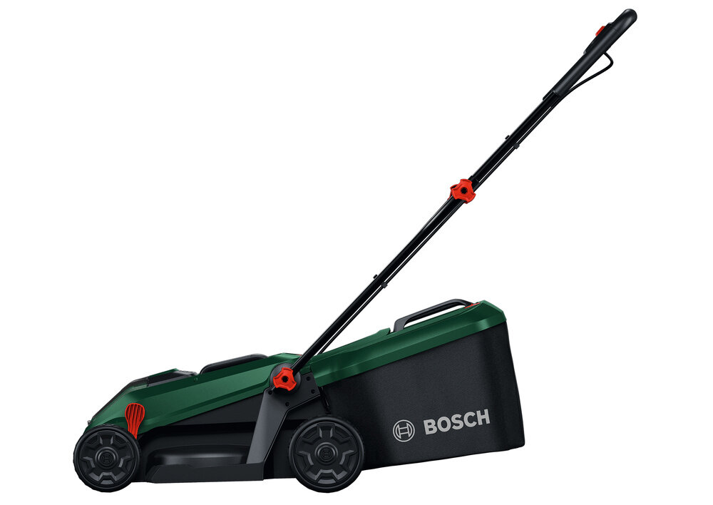 Na obrazie widoczna jest kosiarka akumulatorowa w kolorze zielonym i czarnym z logo BOSCH na boku. Kosiarka ma duże koła i długi uchwyt z czerwonymi elementami.