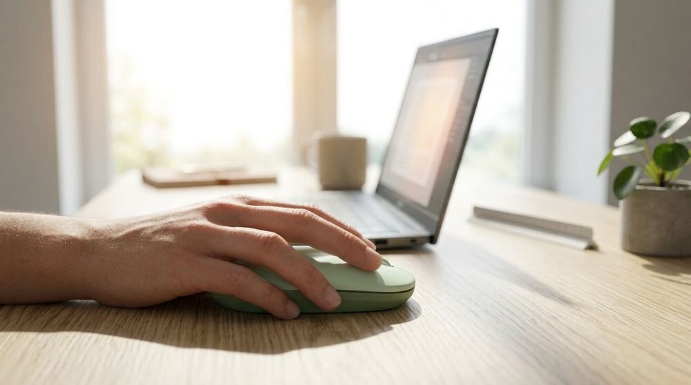 ACER AMR130 Acer AMR130 4 przyciski zasięg działania do 10 metrów pojedynczą baterią AA kompatybilność z systemami Windows i Mac - mysz obok laptopa w trakcie używania