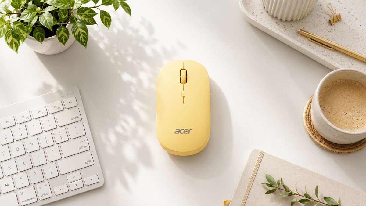 ACER AMR130 Acer AMR130 4 przyciski zasięg działania do 10 metrów pojedynczą baterią AA kompatybilność z systemami Windows i Mac - mysz w biurze obok arkuszy papieru i długopisu
