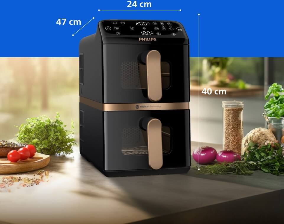 Philips Ovi Stacked Dual Basket NA462/70 zostawia więcej miejsca na blacie, by wygodnie przygotowywać pyszne posiłki.