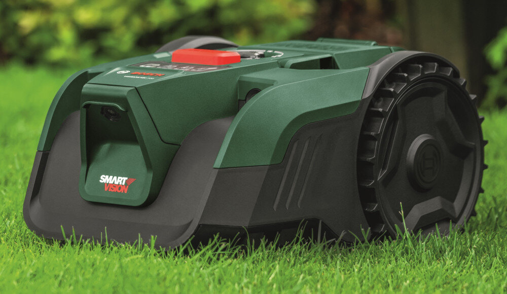 Robot koszący  BOSCH Visimow 18V-100 06008E1001 Bez przewodu ograniczającego ogród trawnik robot stoi na trawniku samodzielnie dba o trawnik kilka chwil, by uruchomić urządzenie do małych ogrodów do 100 m² wygoda oszczędność czasu powtarzalny efekt estetyczny
