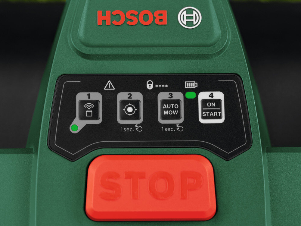 Robot koszący  BOSCH Visimow 18V-100 06008E1001 Bez przewodu ograniczającego widok na robota z góry widoczne przyciski funkcyjne ultrasonic Sensors czujniki ultradźwiękowe wykrywa przeszkody i omija je w trakcie pracy robot sprawnie porusza się ogranicza ryzyko uszkodzeń eliminuje konieczność ciągłego nadzorowania pracy urządzenia