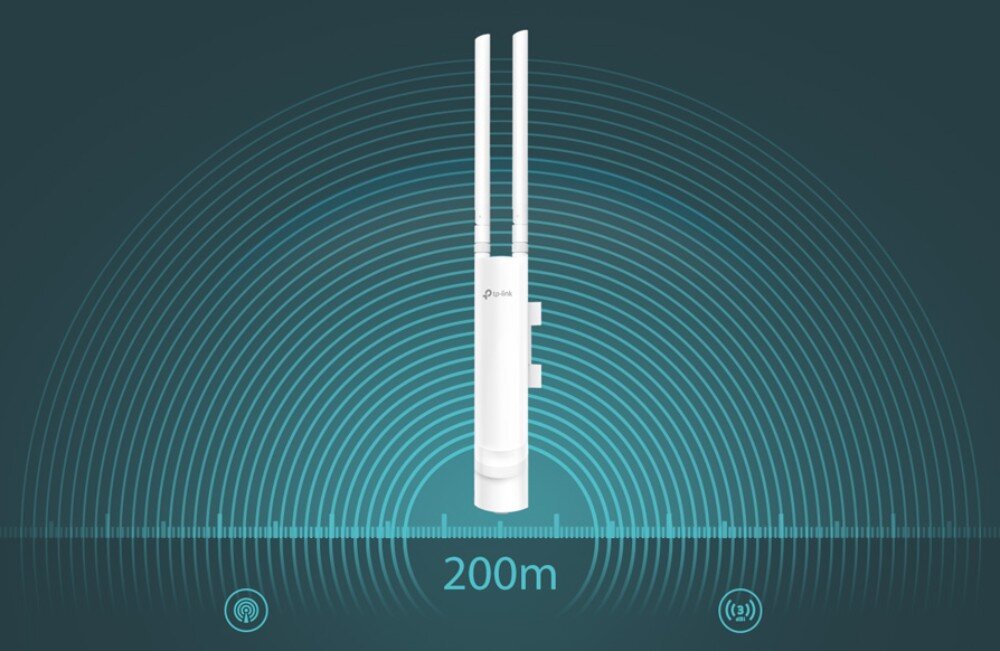 Punkt dostępowy TP-LINK EAP110 Urządzenie widoczne na środku ilustracji z wizualizacją zasięgu bezprzewodowego w formie koncentrycznych okręgów, z oznaczeniem zasięgu do 200 metrów, działanie, sygnał, zasięg, pasmo, prędkość