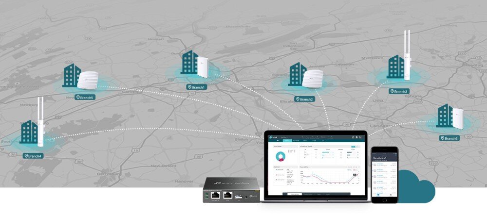 Punkt dostępowy TP-LINK EAP110 Schematyczna mapa z rozmieszczeniem kilku budynków i urządzeń połączonych w sieć, widoczny również tablet, smartfon i kontroler zarządzający, zabezpieczenia, szyfrowanie