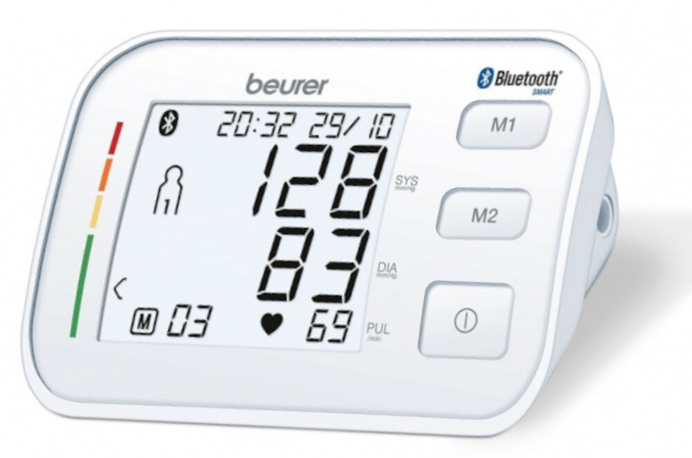 Ciśnieniomierz BEURER BM 57 duży wyświetlacz czytelne oznaczenia podświetlenie na biało wynik pomiaru ciśnienia pulsu data godzina komunikat o nieprawidłowym użyciu niskim poziomie naładowania baterii