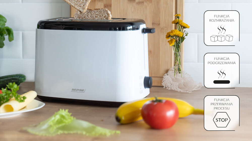Toster MPM MTO-07 Biało-czarny funkcja rozmrażania, podgrzewania i przerywania opiekania
